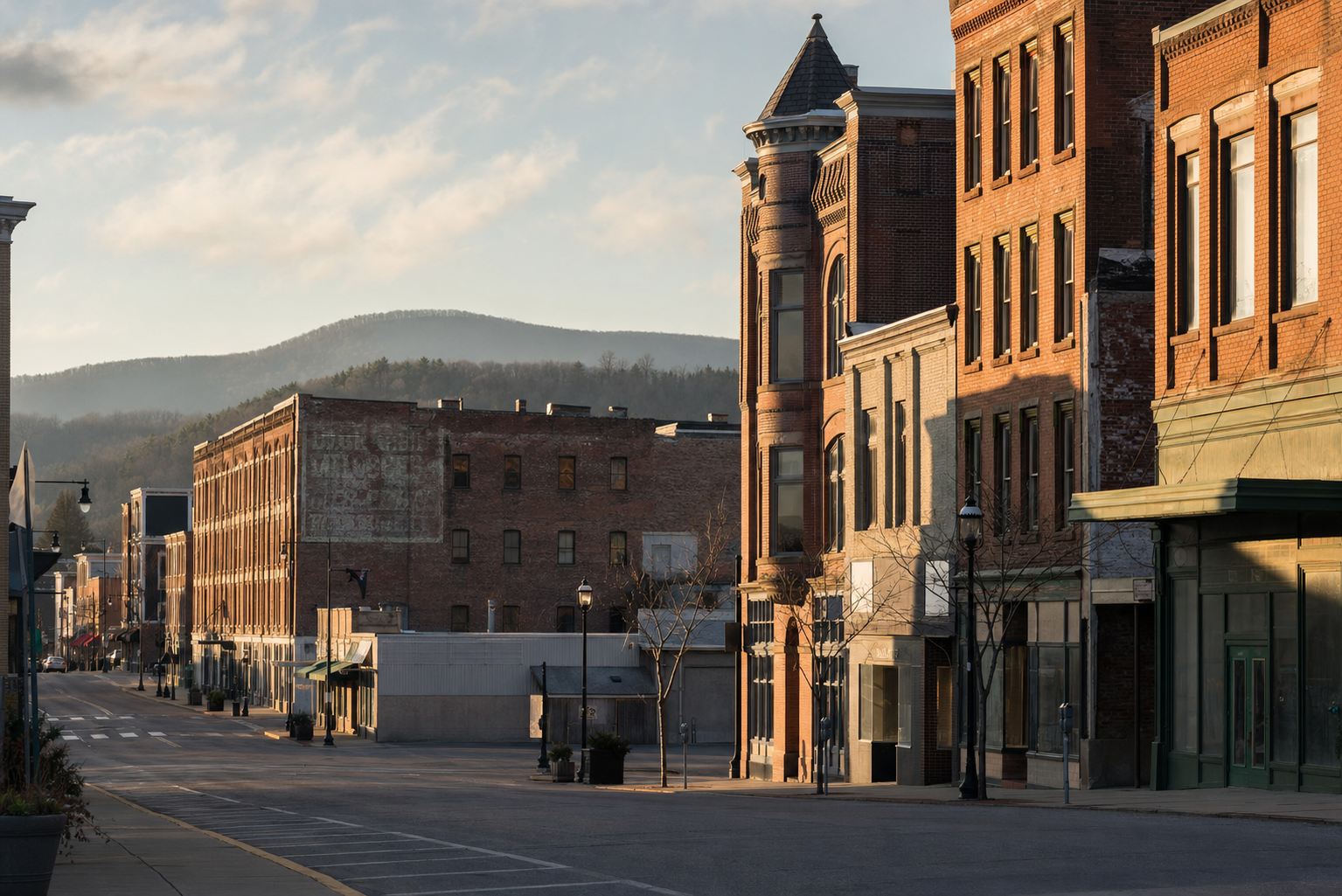 A Pennsylvania small-city main street in late afternoon light, with historic brick buildings, a faded ghost sign, and a mountain ridge visible in the distance.